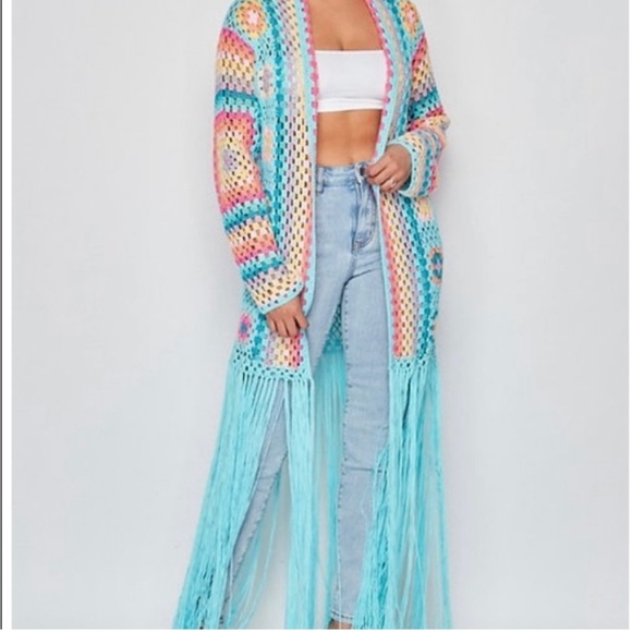 N1 Los Angeles crochet sweater fringe duster blue - Picture 10 of 11